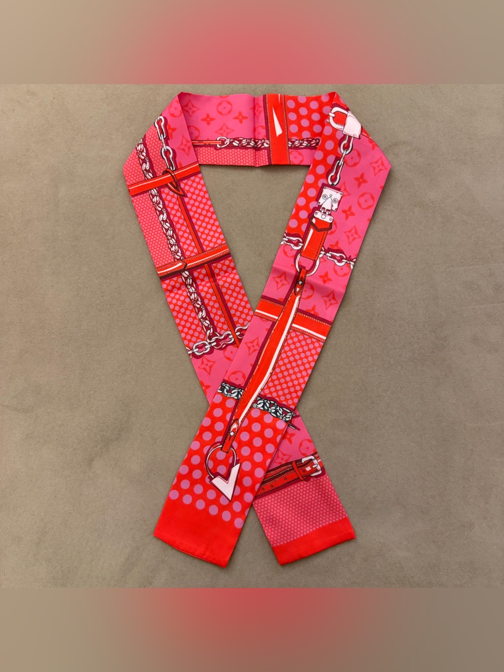 Designer Red & Rose Pink Monogram & Chain Silk Bandeau Scarf - Longer